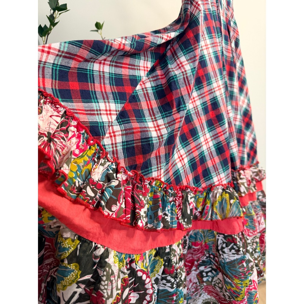 Solitaire Plaid Floral Butterfly Tiered Maxi Skirt Red Navy Blue Boho Ruffle M - Picture 3 of 7